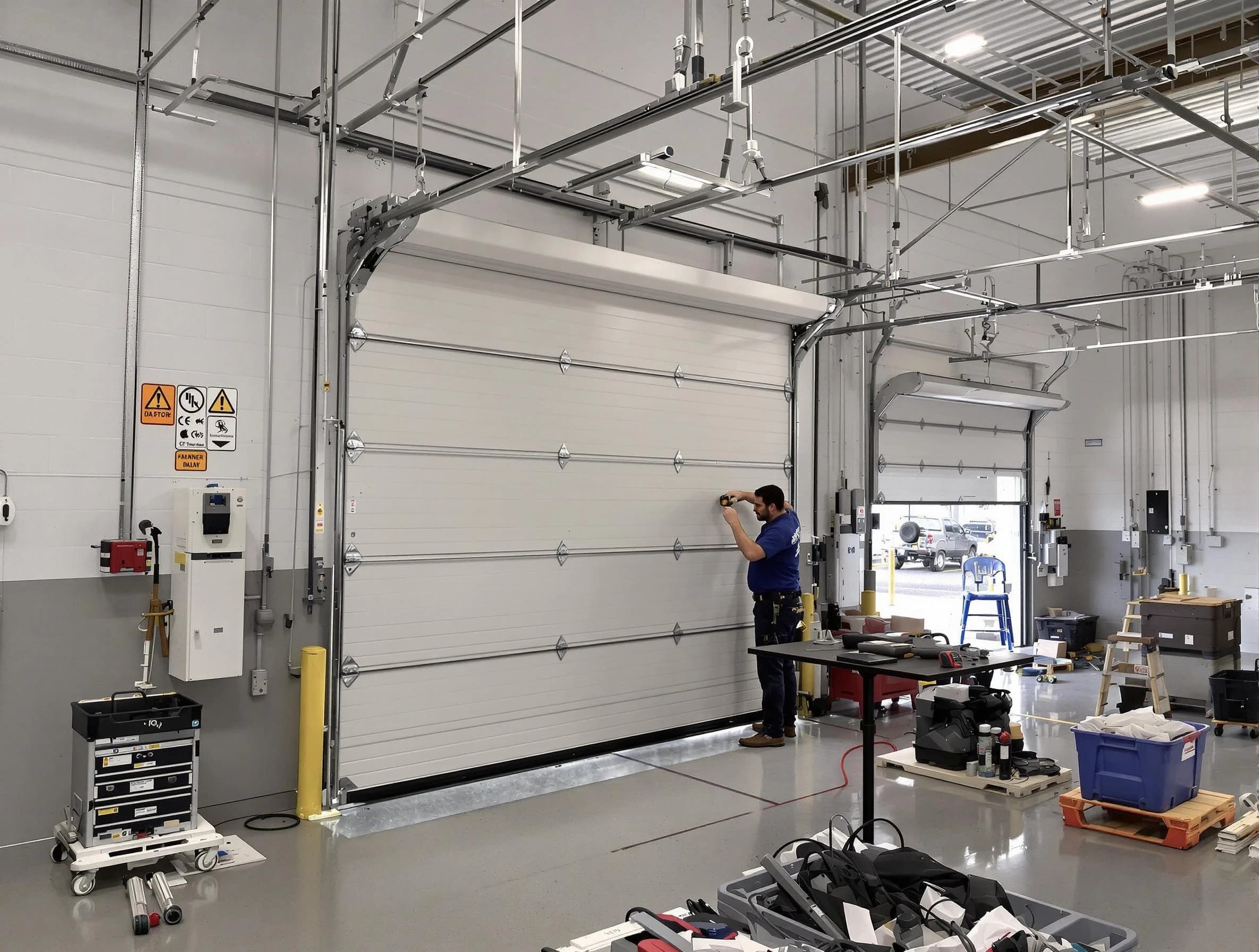 Commercial garage door repair being performed by Bernards Garage Door Repair expert in Bernards