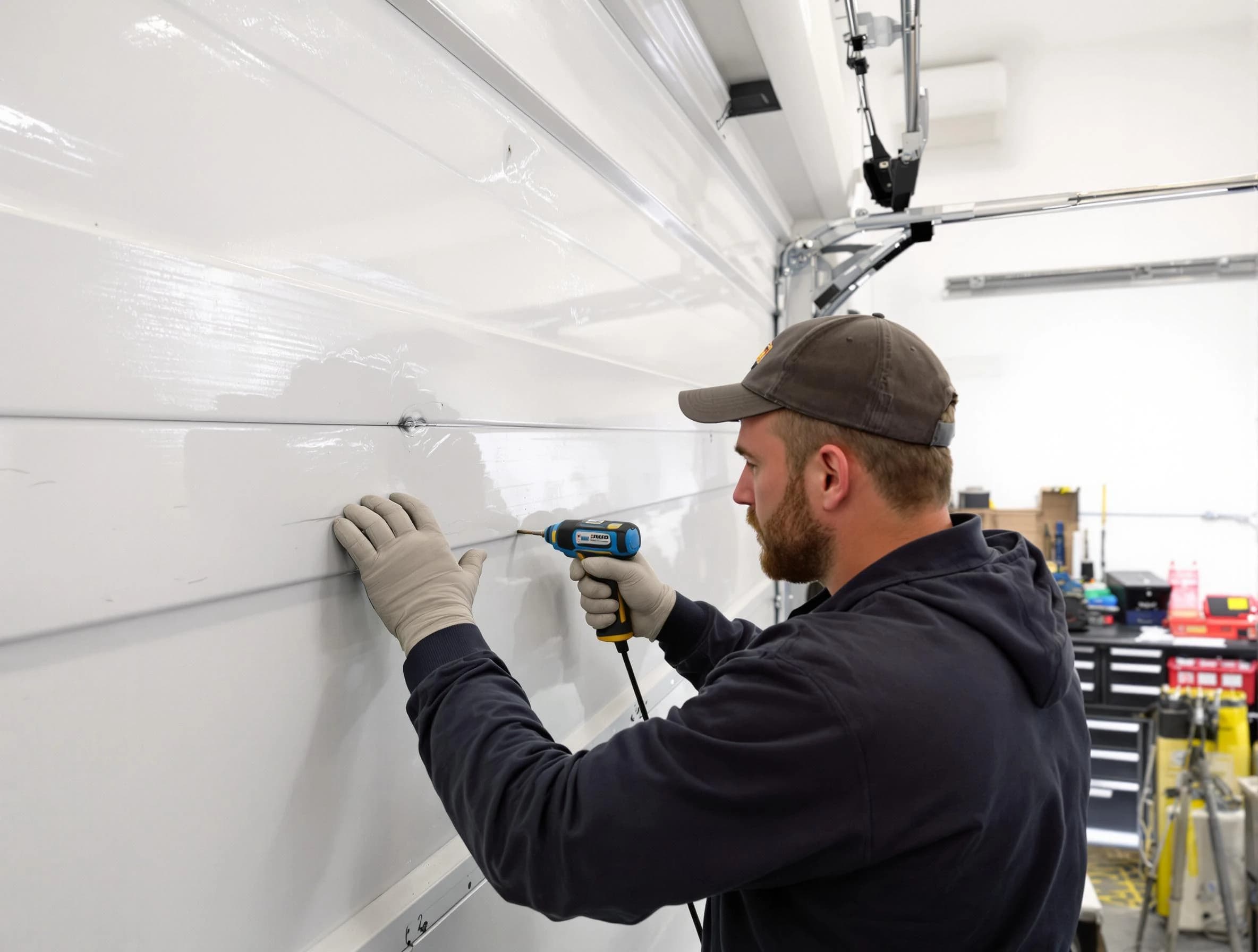 Bernards Garage Door Repair technician demonstrating precision dent removal techniques on a Bernards garage door
