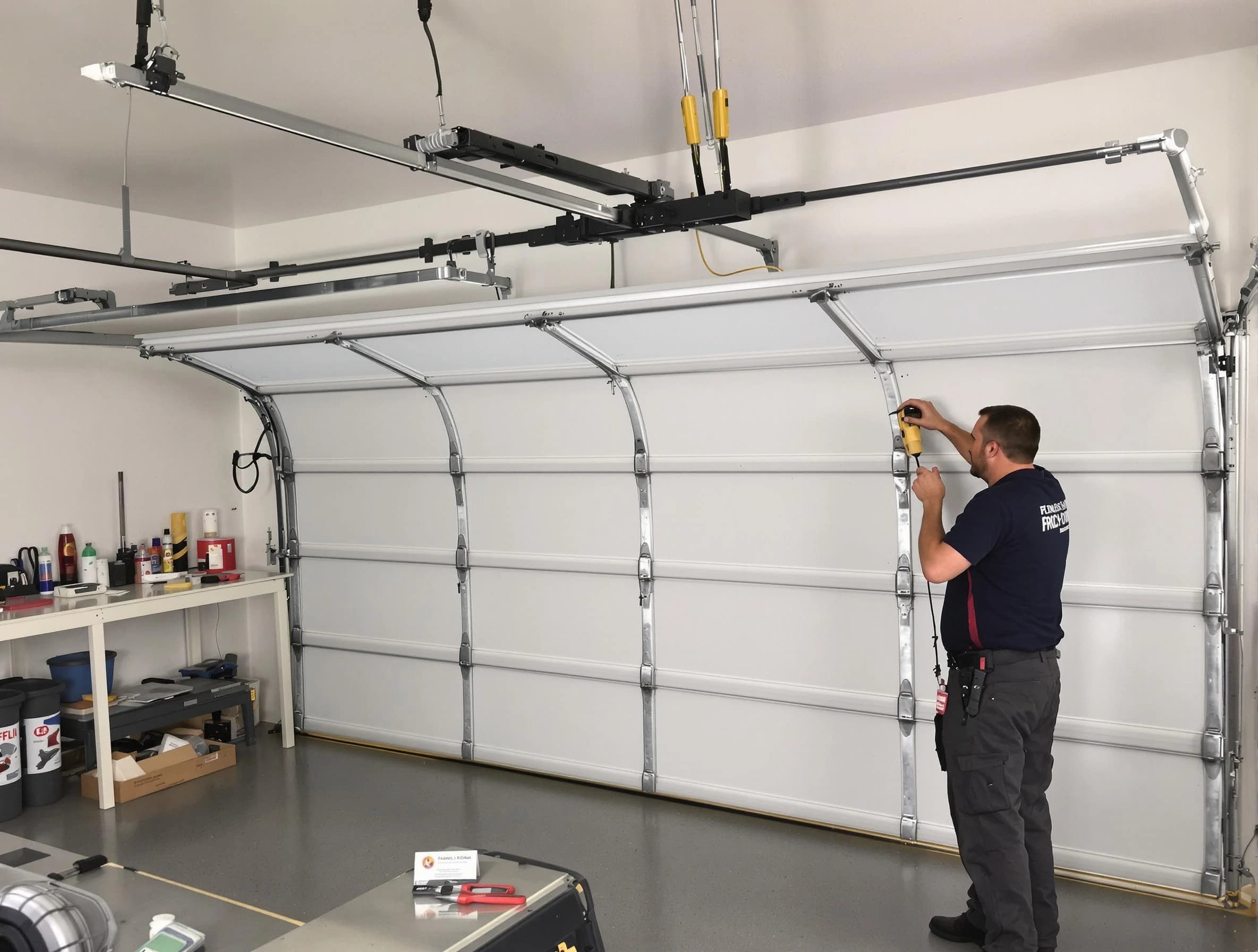 Bernards Garage Door Repair certified technician performing overhead door system repair in Bernards