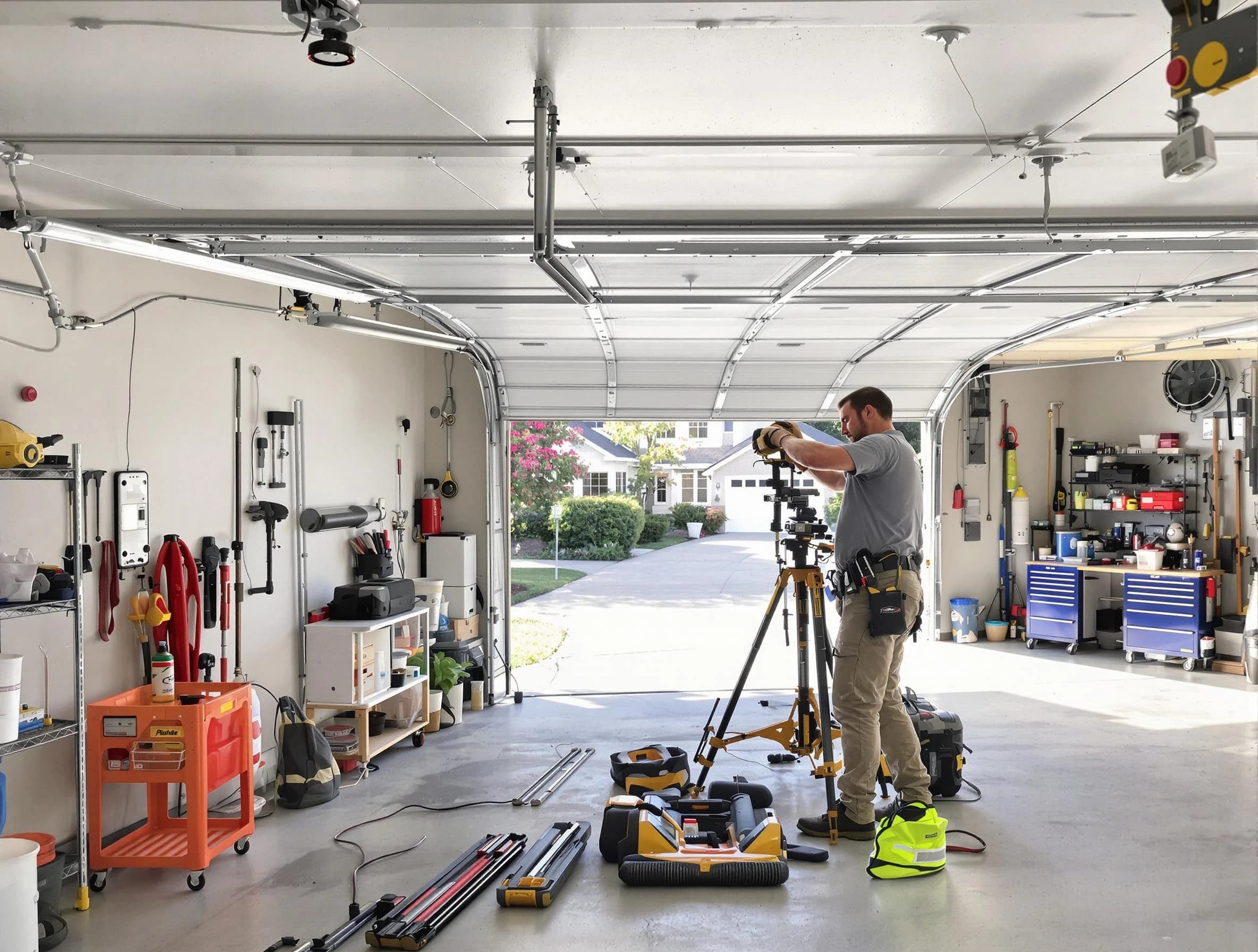 Bernards Garage Door Repair specialist performing laser-guided track alignment in Bernards