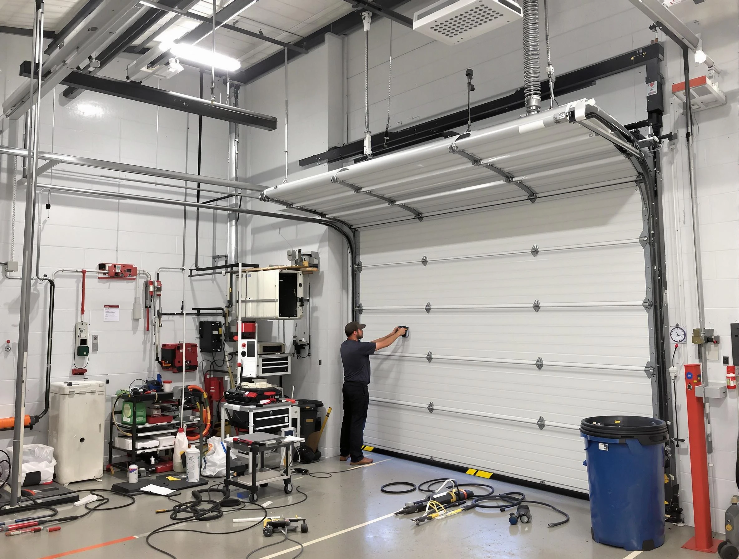 Bernards Garage Door Repair certified technician performing commercial door repair at a Bernards business facility
